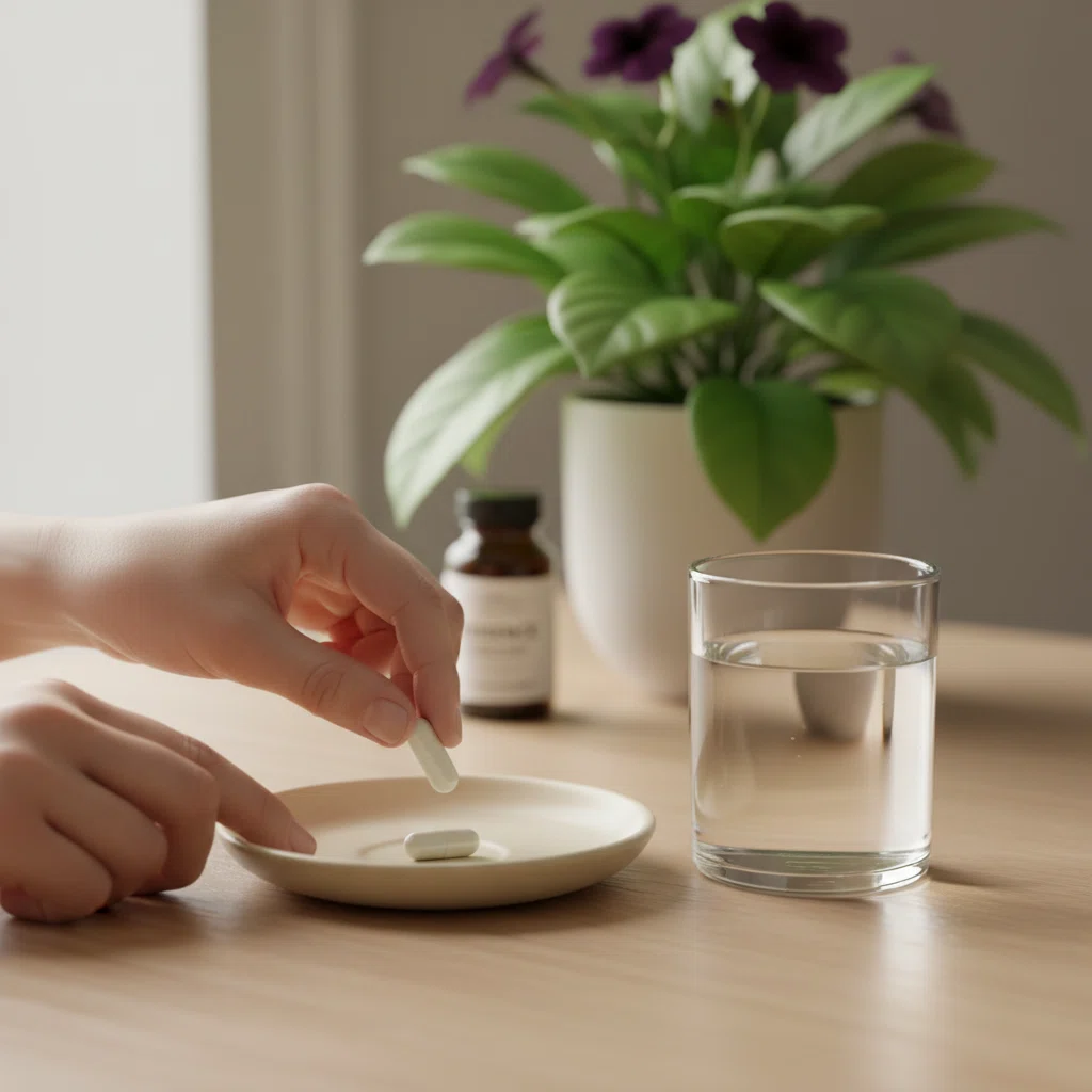 Handen met een witte capsule naast een glas water op een houten tafel